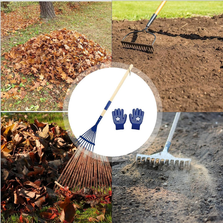 Kinder-Laubrechen 27 cm Abnehmbarer Holzstiel mit Handschuhen | Laubrechen für Gartenarbeit Camping