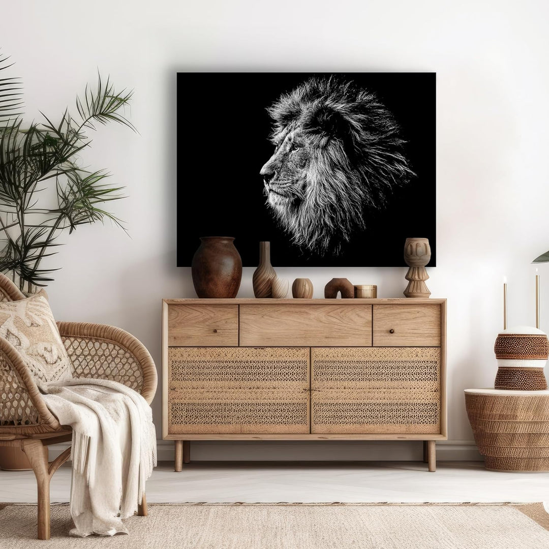 wandmotiv24 Leinwandbild Schwarz-Weiss, 60x45cm, Querformat, Löwe, Deko, Bilder auf Leinwand, Wandde
