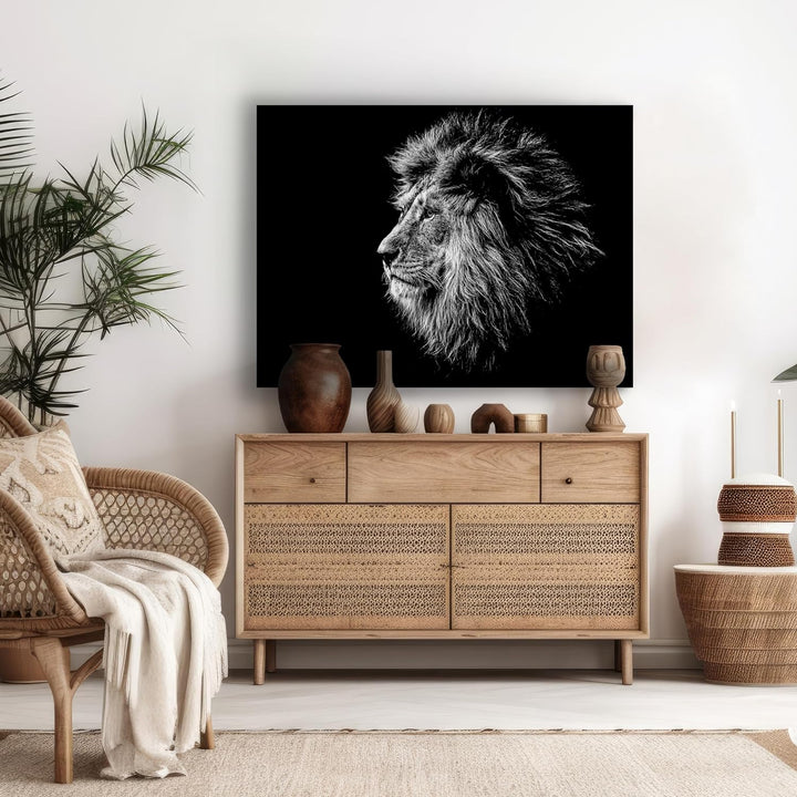 wandmotiv24 Leinwandbild Schwarz-Weiss, 60x45cm, Querformat, Löwe, Deko, Bilder auf Leinwand, Wandde