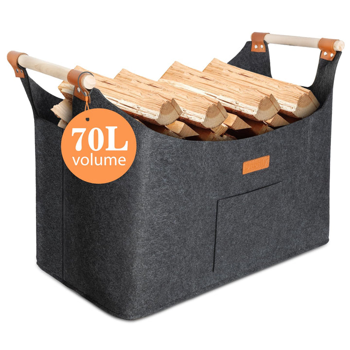 Faltbarer Holzkorb Filztasche 50 x 32 x 40 cm 70L, Korb Aus Brennholz Mit Griff, Extra Dicker Filzko