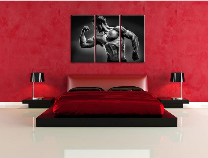 Pixxprint Starker Bodybuilder als Leinwandbild/Grösse: 3 Teilig (120x80 cm) cm/Wandbild/Kunstdruck/f