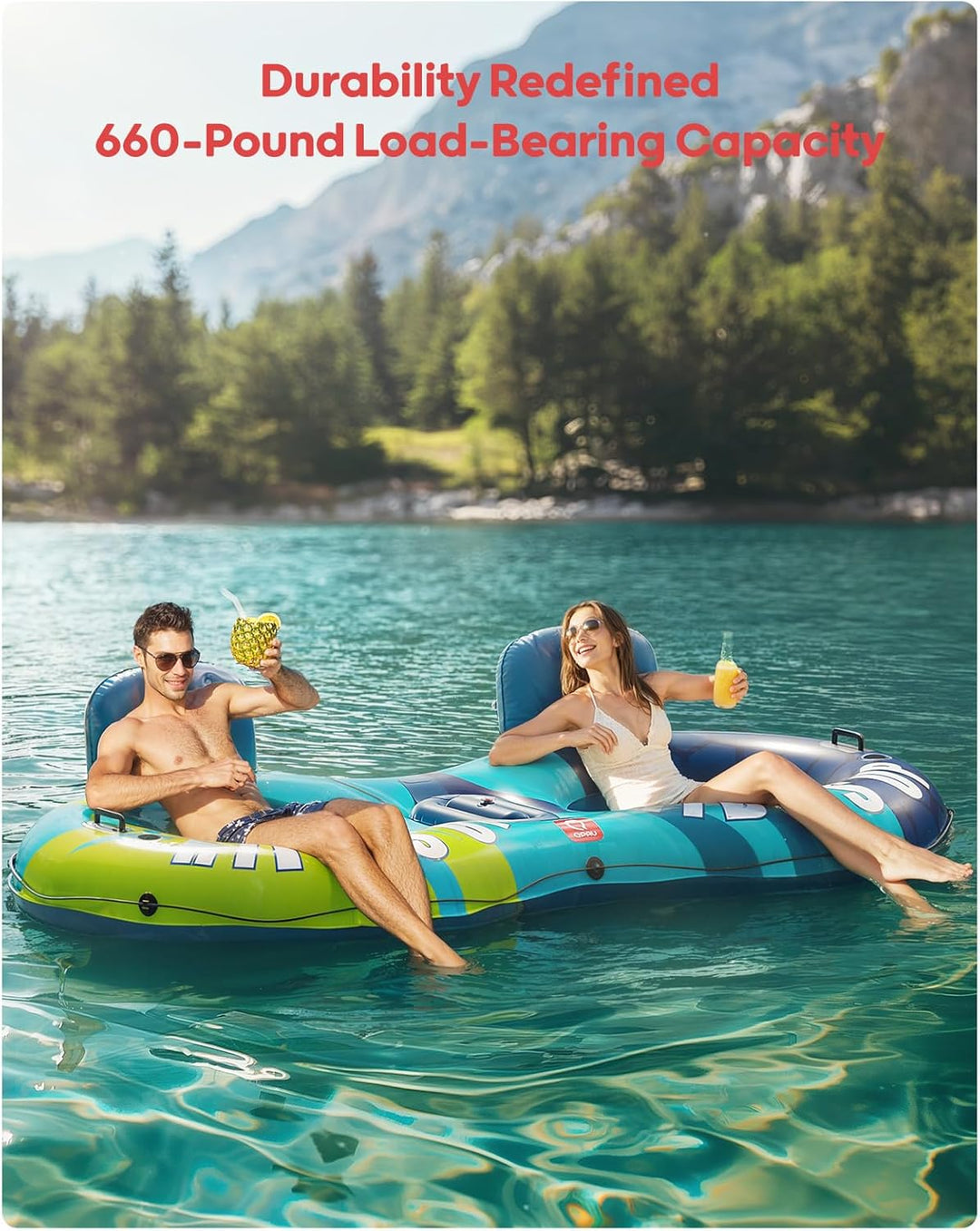 'QPAU Inflatable Double River Tube, 2 Person 660lb Capacity, Puncture-Resistant 93'' Sturdy Heavy Du