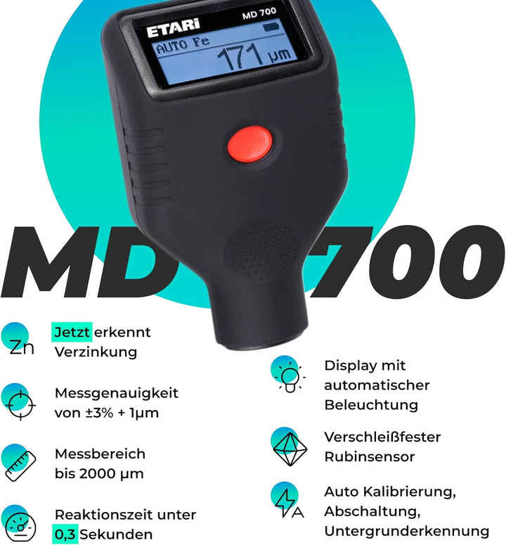 ETARI® MD-700 Lackdicken Messer, Schichtdickenmessgerät zur Lackmessung - Modell 2024 0 bis 2000 µm,