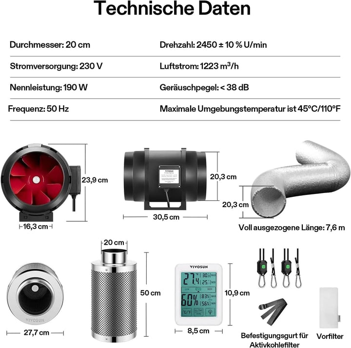 VIVOSUN Inline-Rohrventilator 200mm Abluftventilator 1223m³/h mit Drehzahlregler 200mm Aktivkohlefil