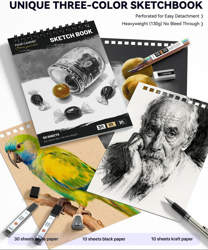 Four Candies 52 Stück Kunstzubehör Skizzier- und Zeichenset mit 10 Micron Fineliner-Stiften, 6 Zeich