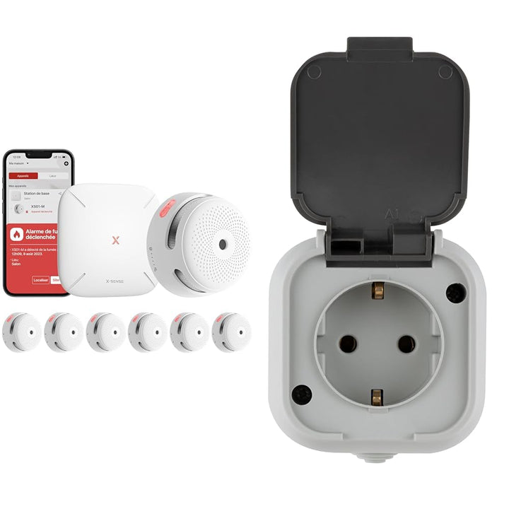 X-Sense Smart Rauchmelder XS01-M mit SBS50 Basisstation & REV Standard, Feuchtraumsteckdose, Aufputz