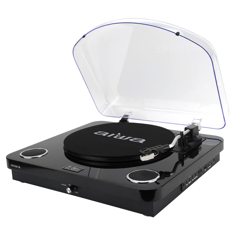 AIWA GBTUR-120BKMKII: Plattenspieler, Schwarz, Bluetooth, 3 Geschwindigkeiten, FM-Radio, USB und SD