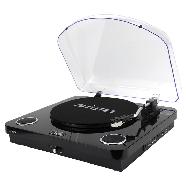 AIWA GBTUR-120BKMKII: Plattenspieler, Schwarz, Bluetooth, 3 Geschwindigkeiten, FM-Radio, USB und SD