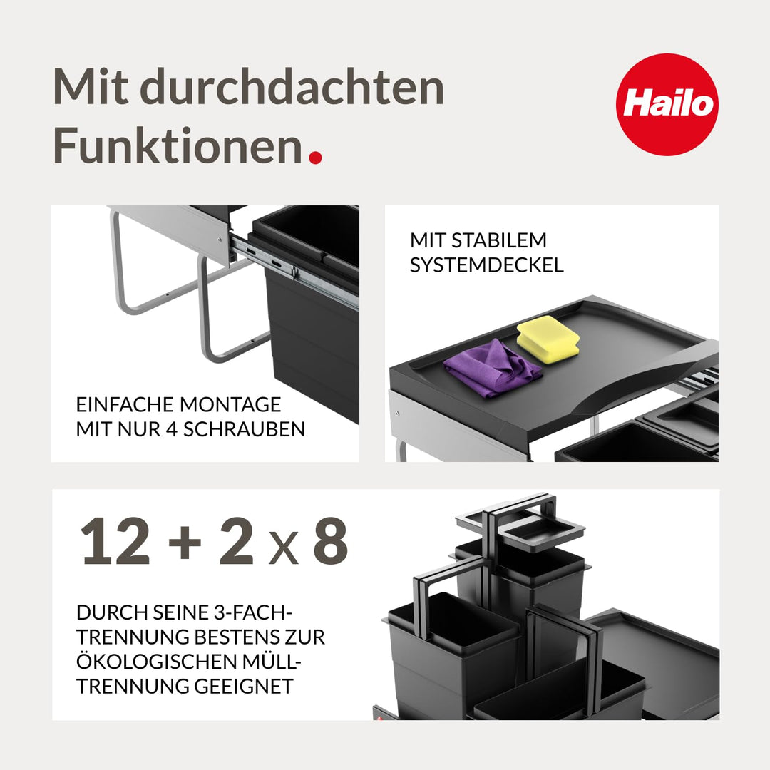 Hailo Abfallsammler 3644931 | 3fach Raumspar Tandem Mülltrennung | 2x 8 + 12L Inneneimer im Abfallau