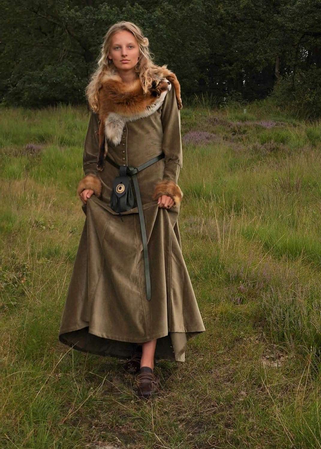 Battle-Merchant Mittelalterkleid Cotehardie Isabell aus Samt lang, Damen, Baumwolle, bodenlang, Vint