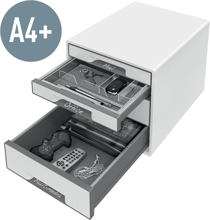 Leitz CUBE Schubladenbox mit 4 Schubladen, Weiss/Grün, A4, Inkl. transparentem Schubladeneinsatz, WO