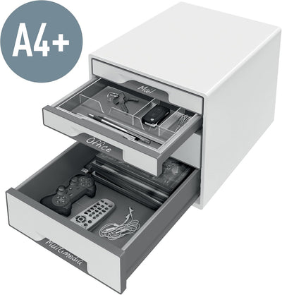 Leitz WOW 4 Schubladenschrank, A4-Schreibtisch-Schubladenschrank mit transparenter Ablage, 2 kleine