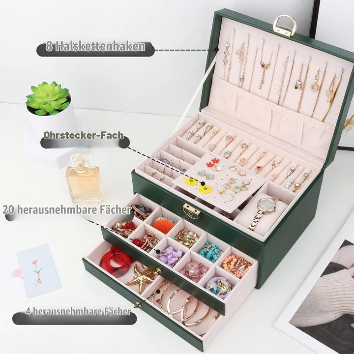 Schmuckkasten, Schmuckkästchen mit 3 Ebenen mit Schubladen, PU-Leder Schmuckbox Schmuckschatulle Gro