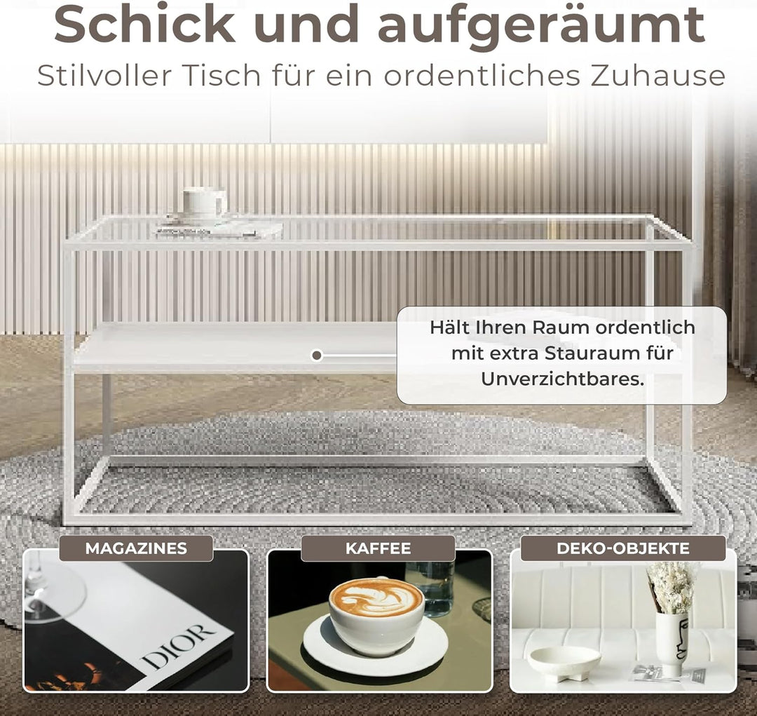 [en.casa] Couchtisch Solund Beistelltisch mit Glasplatte Metall Weiss matt Wohnzimmertisch mit Staur