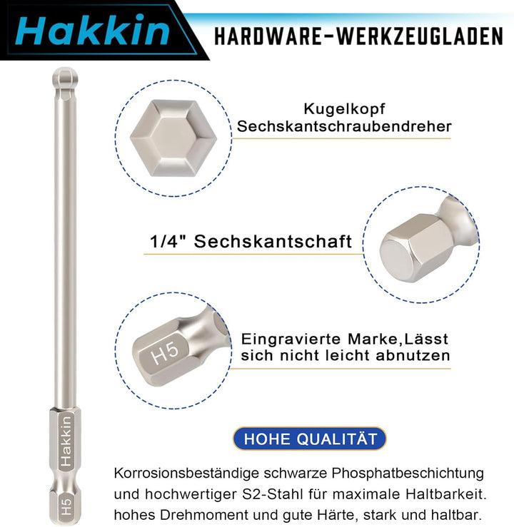 Hakkin 9 Stück 100mm Kugelkopf Schraubendreher 1/4" Sechskantschaft Ball End Hex Bitsätze S2 Legiert