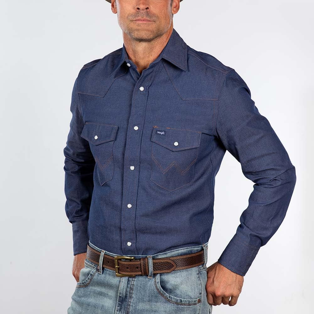 Wrangler Men's Authentic Cowboy Cut Work Western Long-Sleeve Firm Finish Shirt S Indigo, S Indigo
