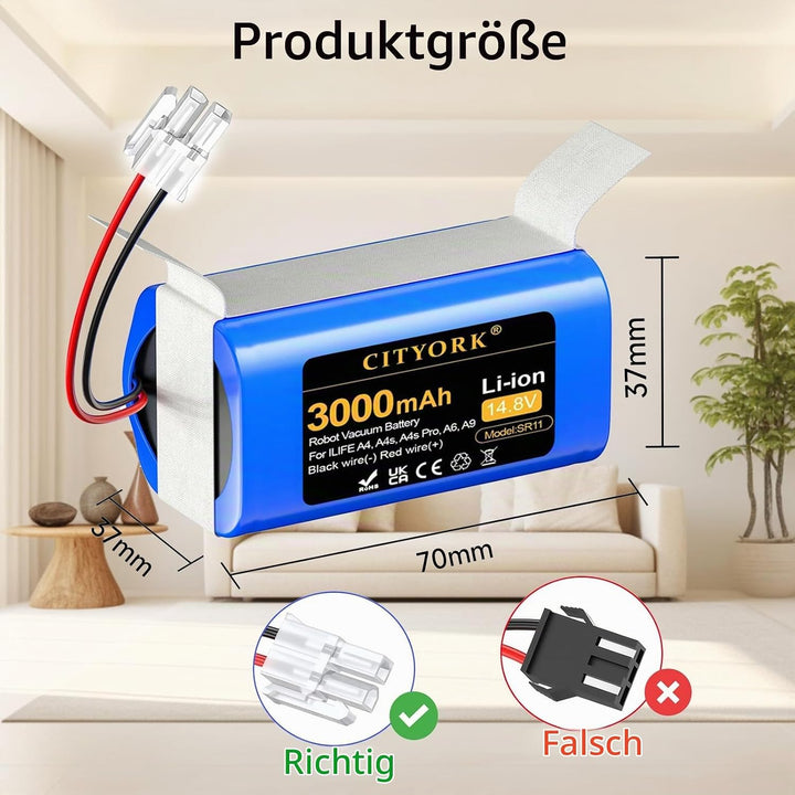 CITYORK 3000mAh Akku für Zaco iLifeA4, A4s, A4s Pro, V7, V7S, V7 Plus/Pro, A6, A7, A8, A9, A10, A10