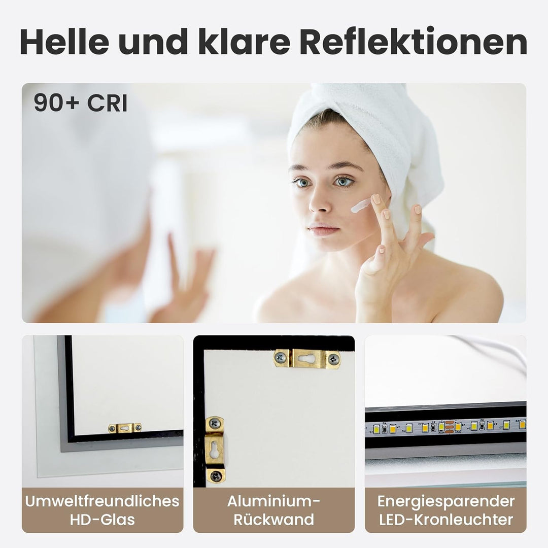AllRight Badspiegel mit Beleuchtung 60x40cm | Dimmbarer LED Spiegel mit 3 Lichtfarben | IP54 Wasserg