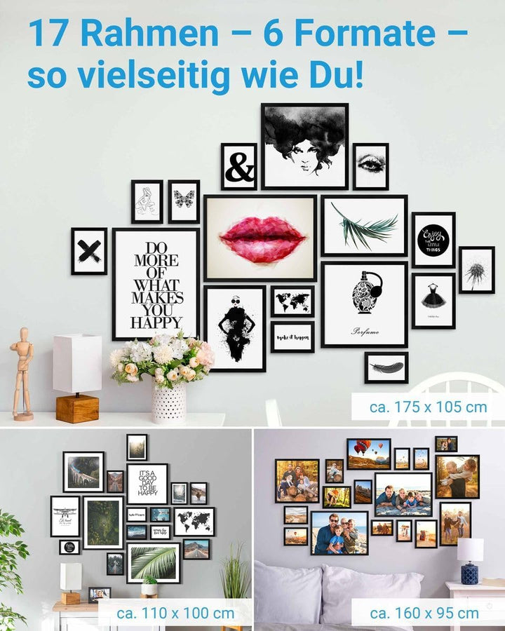 PHOTOLINI 17er Bilderrahmen-Set Modern Schwarz aus MDF 10x15 bis 30x40 cm | Bildergalerie | Bilderwa