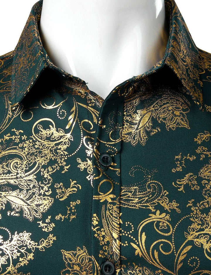 PARKLEES Herren Luxus Paisley Gemustert Golden Glänzend Slim Fit Freizeithemd S Dunkel Waldgrün, S D