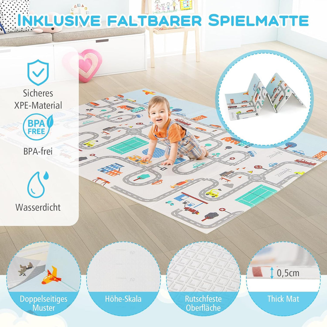 DREAMADE Laufstall Baby, 189 x 158 cm Laufgitter mit Matratze & 4 Zugringen & 50 Ocean Bällen & Trag