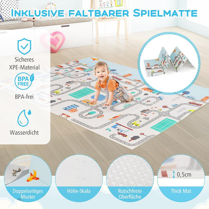 DREAMADE Laufstall Baby, 189 x 158 cm Laufgitter mit Matratze & 4 Zugringen & 50 Ocean Bällen & Trag