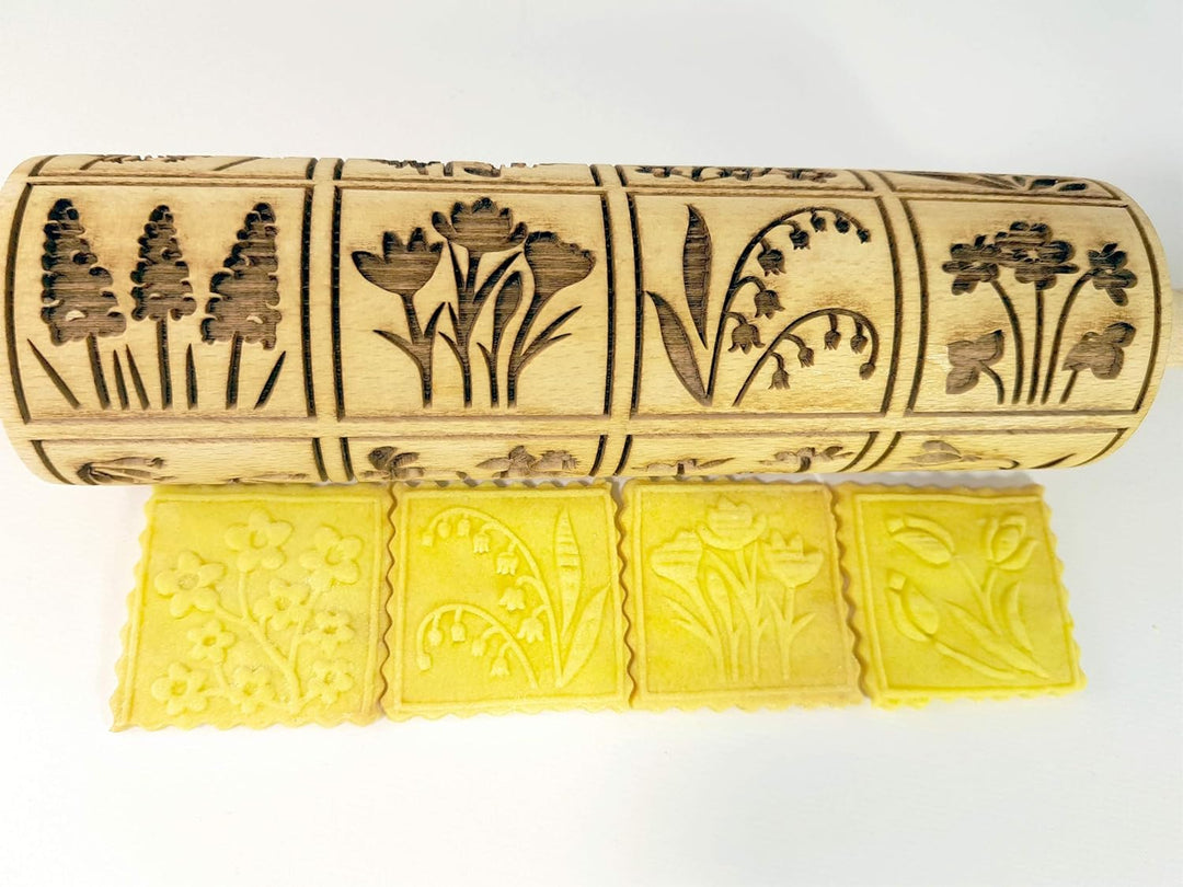 FRÜHLINGSBLUMEN Nudelholz mit Muster - Teigroller Holz Frühling Blumen für DIY hausgemacht Plätzchen