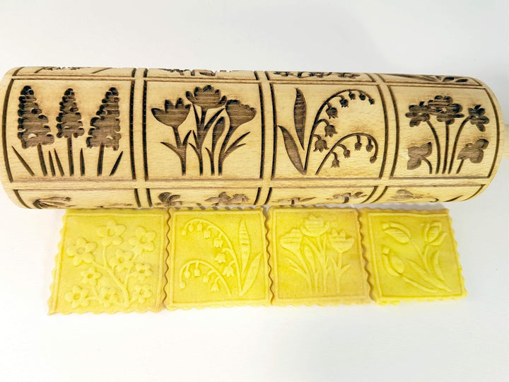 FRÜHLINGSBLUMEN Nudelholz mit Muster - Teigroller Holz Frühling Blumen für DIY hausgemacht Plätzchen