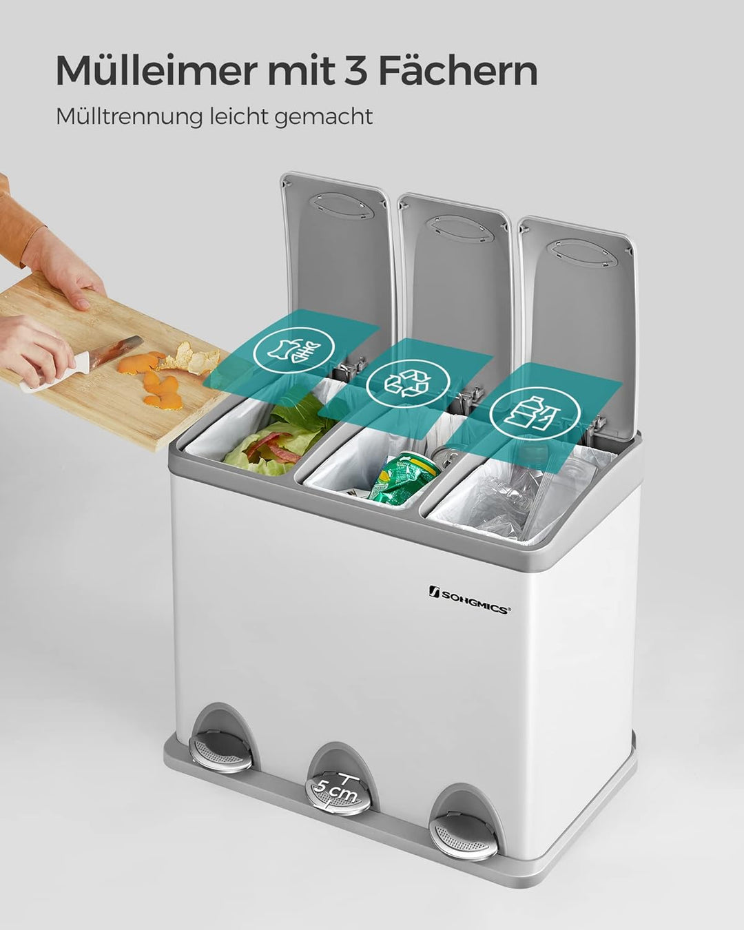 SONGMICS Mülleimer für die Küche, 3 x 8 L, Abfalleimer aus Metall, 3-in-1 Treteimer, Mülltrennung, M