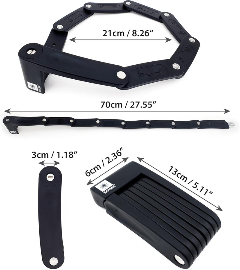 KRASER KR7022B Faltschloss Fahrrad, Fahrradschloss Faltbares aus gehärtetem Stahl, Universal 70cm +