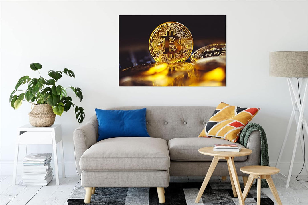 Pixxprint Bitcoin BTC zwischen Münzen als Leinwandbild | Grösse: 120x80 cm | Wandbild | Kunstdruck |