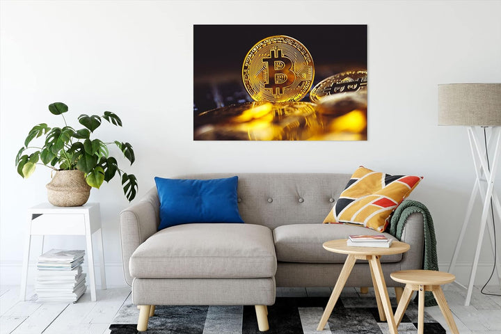 Pixxprint Bitcoin BTC zwischen Münzen als Leinwandbild | Grösse: 120x80 cm | Wandbild | Kunstdruck |