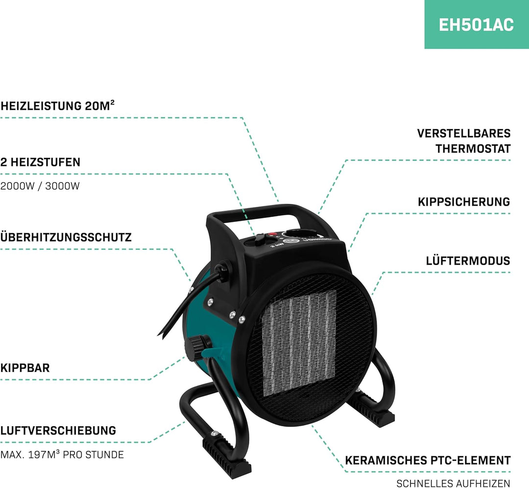 VONROC Heizlüfter energiesparend, Heizungslüfter elektrisch 2000W - Heizung Werkstatt, Hobbyraum, Ca