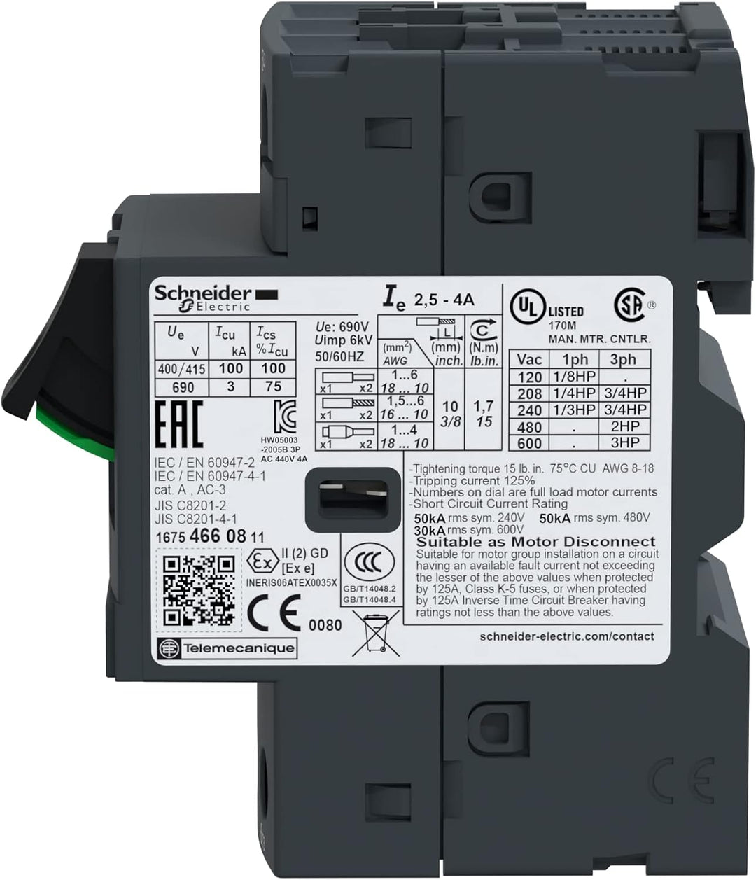Schneider Electric | GV2ME08 - Motorschutzschalter, 3p, 2,5-4A, Tasterbetätigung, Schraubanschluss -
