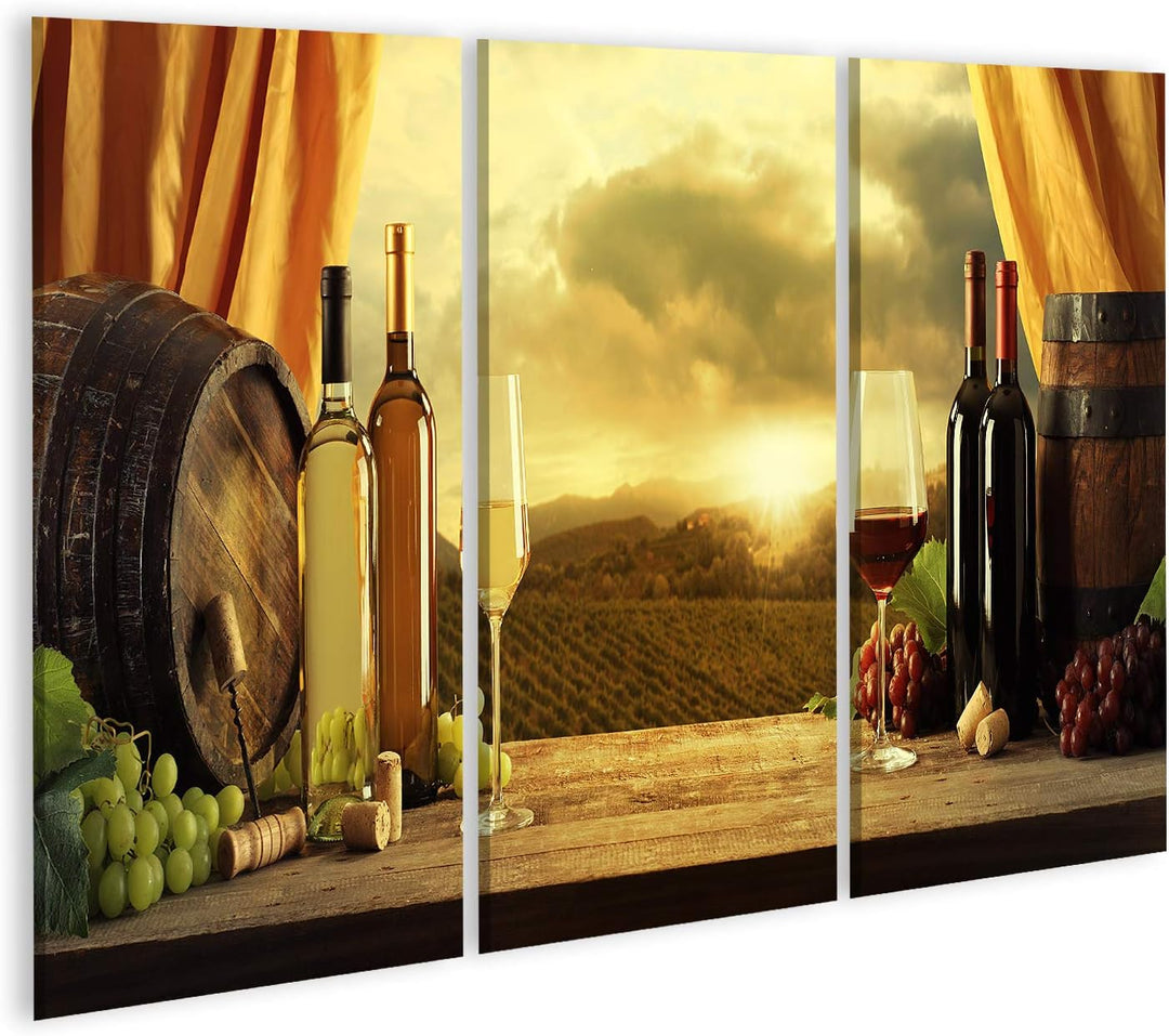 islandburner, Bild auf Leinwand Weinflaschen, Fässer und Weinberg bei Sonnenuntergang Wandbild Leinw