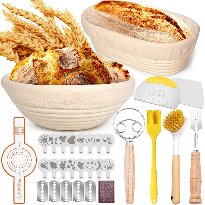 Gärkorb Brot Set, 10-teilig Sauerteig Starter Set, Gärkörbchen zum Brotbacken, 25cm Runde+23cm Ovale