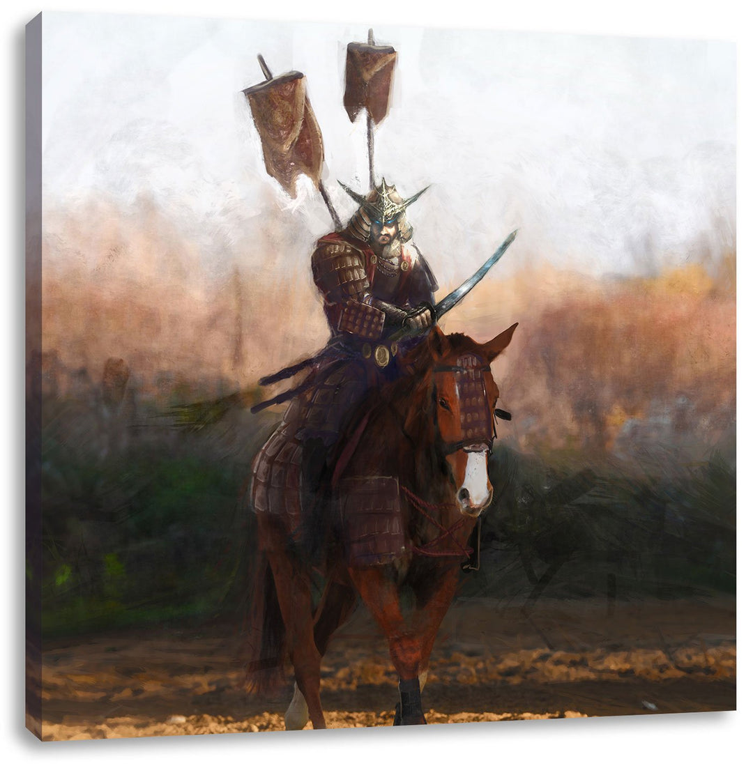 Pixxprint Samurai Krieger auf einem Pferd als Leinwandbild/Grösse: 70x70 cm/Wandbild/Kunstdruck/fert