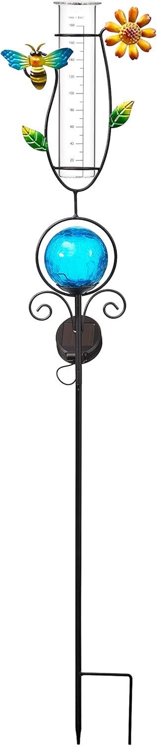 Regenmesser mit LED Beleuchtung für den Garten, 2-in-1 Funktion, Metall-Erdspiess, farbige Glaskugel