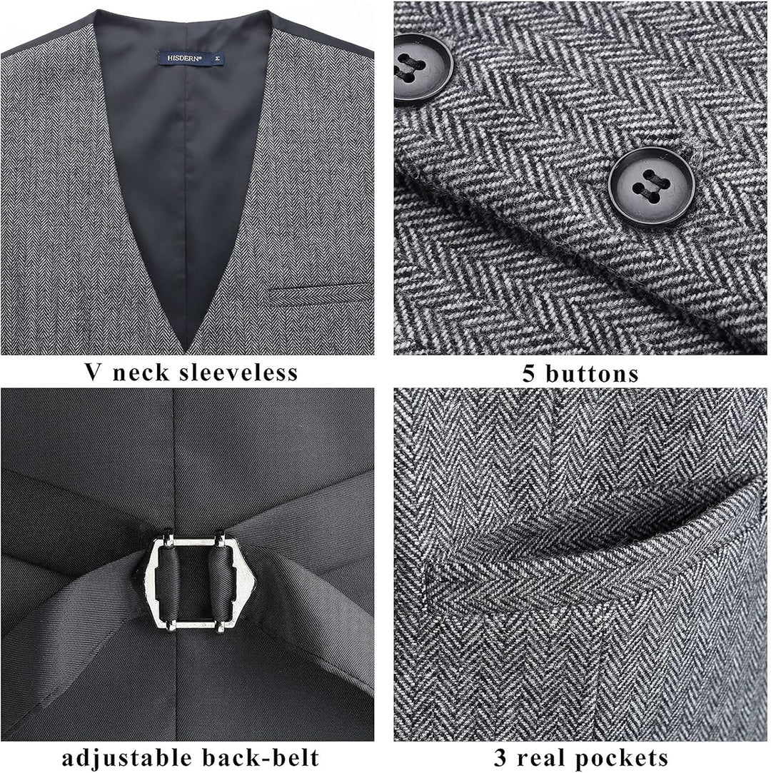 HISDERN Herren Anzugweste Herringbone Weste Hochzeit Herrenweste Formale Tweed Wollweste Classic Bas