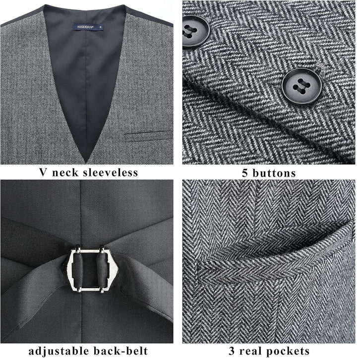 HISDERN Herren Anzugweste Herringbone Weste Hochzeit Herrenweste Formale Tweed Wollweste Classic Bas