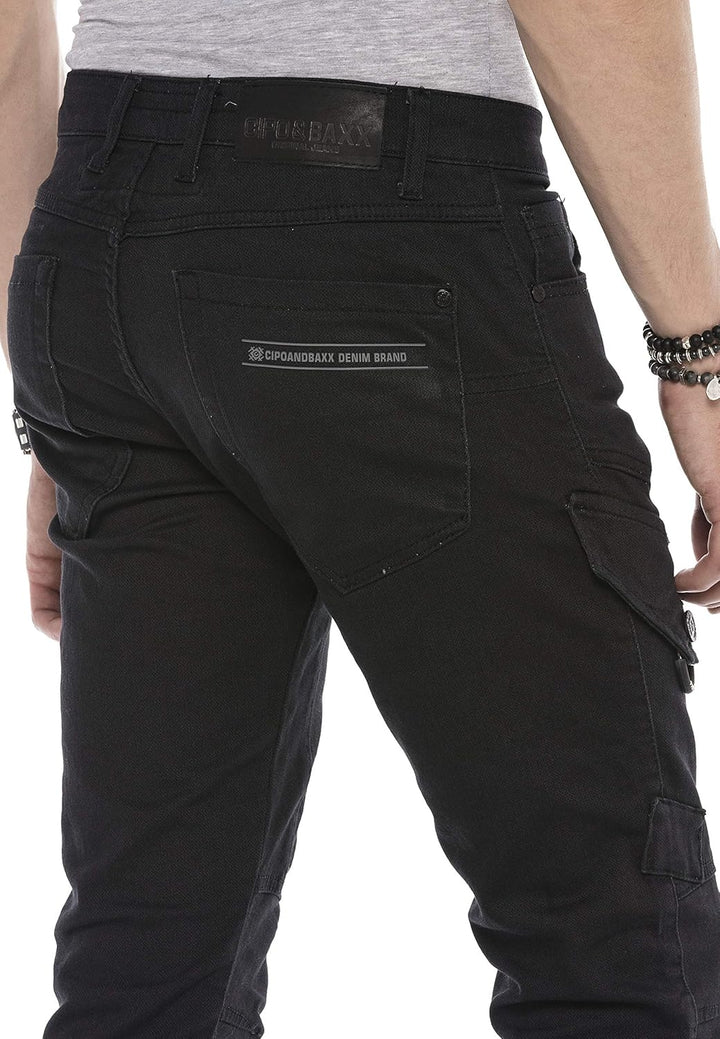 Cipo & Baxx Herren Jeanshose Design Cargohose Regular Fit Straght Biker Pants Used Jeans Hose Schwar