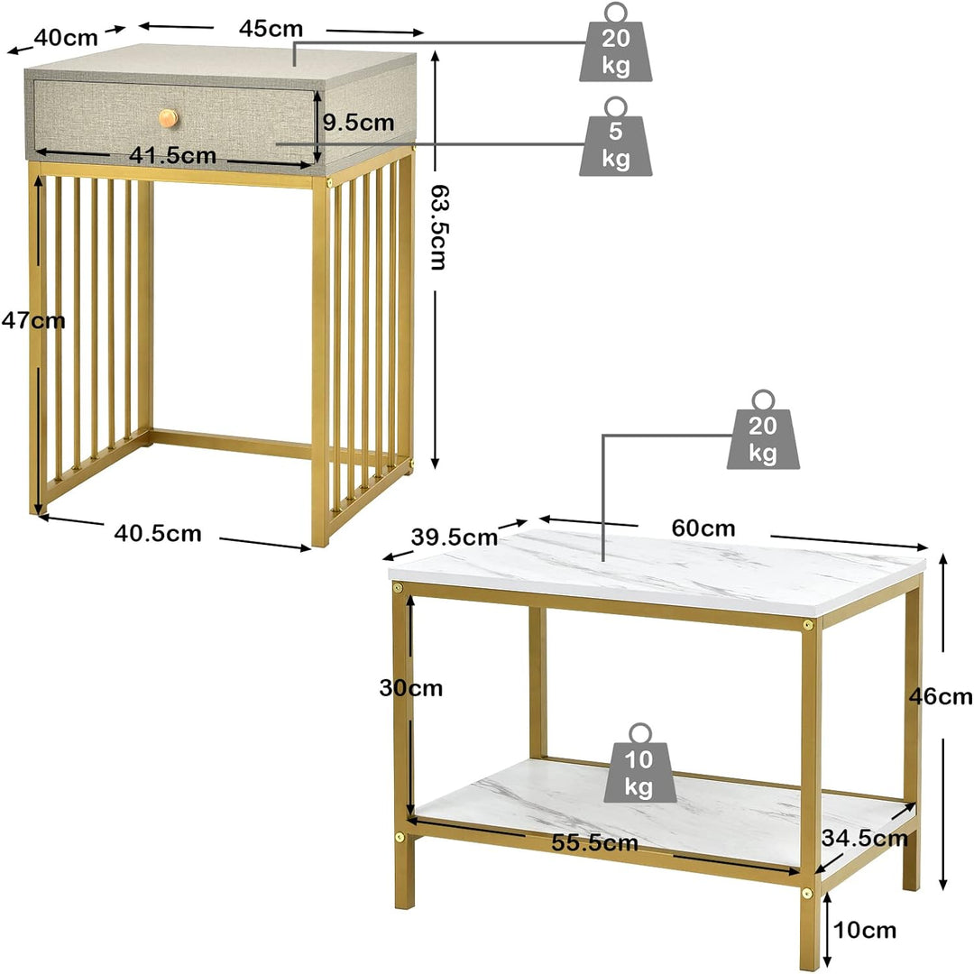 GIANTEX 2er Set Beistelltisch Marmoroptik, Couchtisch Sofatisch mit Schubladen, Wohnzimmertisch vers