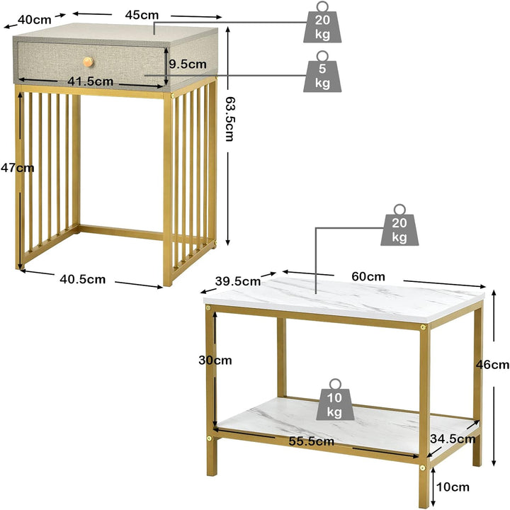 GIANTEX 2er Set Beistelltisch Marmoroptik, Couchtisch Sofatisch mit Schubladen, Wohnzimmertisch vers