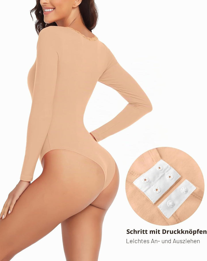 WOWENY Thermo Body Damen Langarm Elegant Langarmbody mit Spitze V-ausschnitt Fleece Bodysuit Warm Be