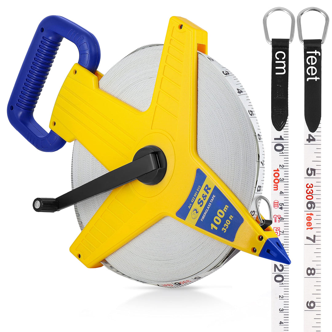 S&R Bandmass Fiberglas 100m / 330 Ft-Fuss doppelt markiert, Rollband Breite 13mm, Roll Massband mit