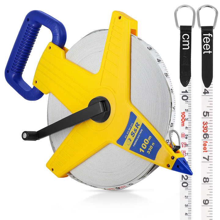 S&R Bandmass Fiberglas 100m / 330 Ft-Fuss doppelt markiert, Rollband Breite 13mm, Roll Massband mit