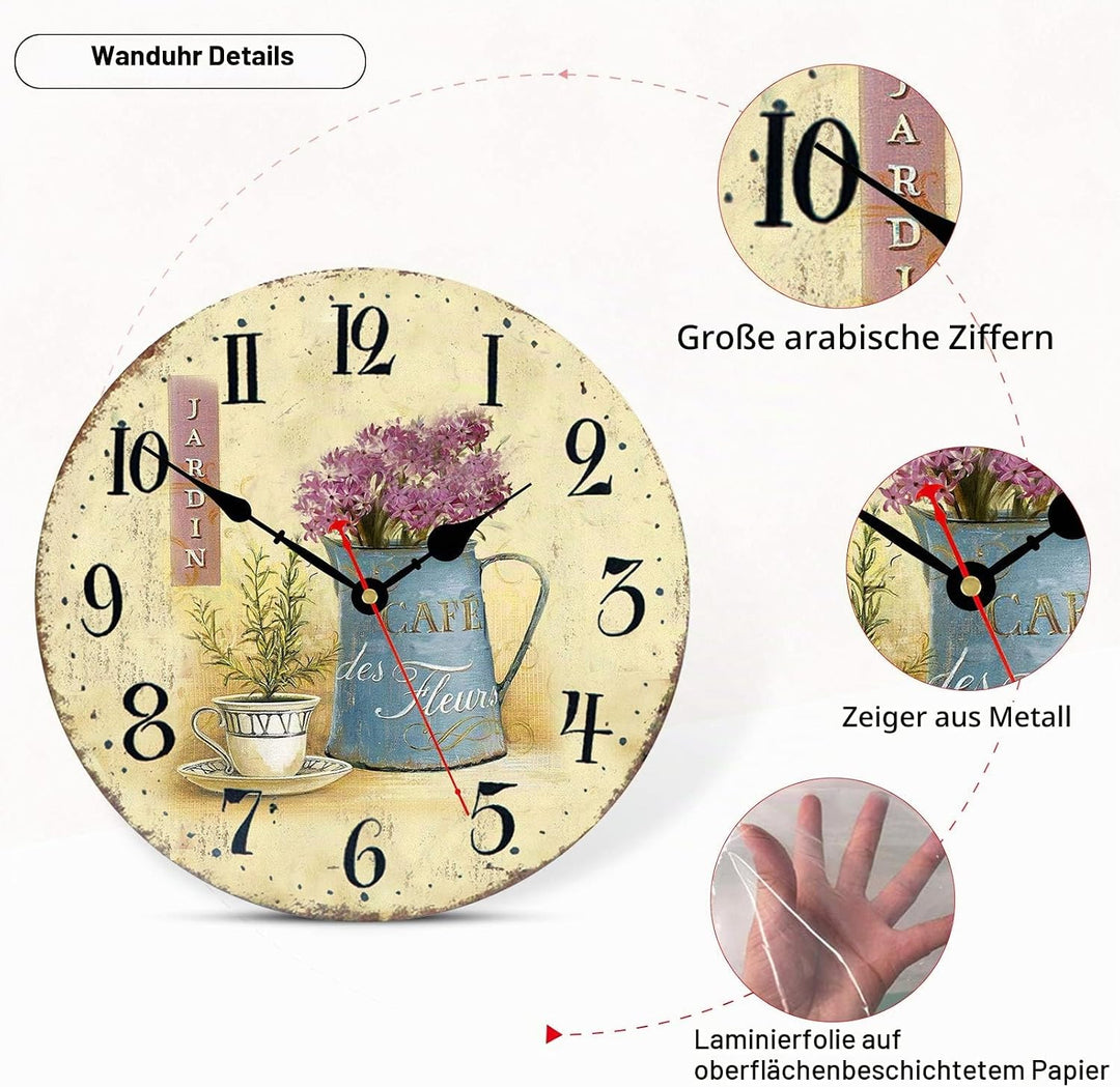 Toudorp 8 Zoll Wanduhr Französisch Retro Blumen Muster Hölzerne Wanduhr Leise Nicht Ticken Batterieb