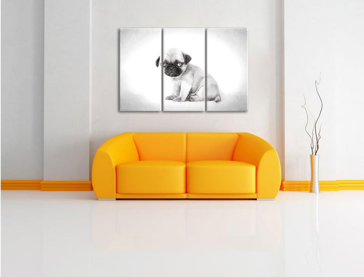 Pixxprint Kleiner Hundewelpe Mops als Leinwandbild/Grösse: 3 Teilig (120x80) cm/Wandbild/Kunstdruck/