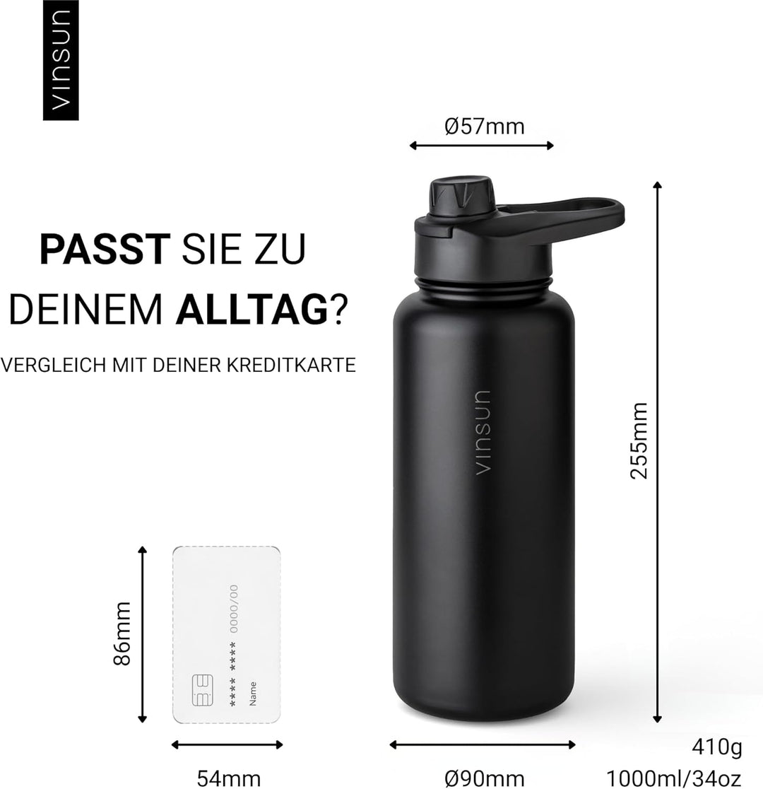 Vinsun Thermosflasche schwarz 1L - auslaufsicher, Kohlensäure geeignet, BPA frei - Strohhalm, Trinkö