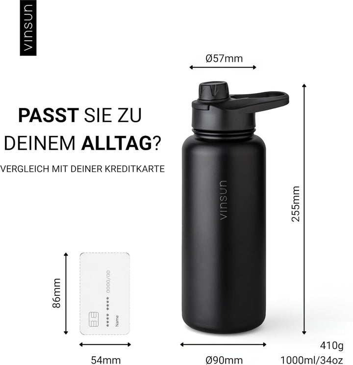 Vinsun Thermosflasche schwarz 1L - auslaufsicher, Kohlensäure geeignet, BPA frei - Strohhalm, Trinkö